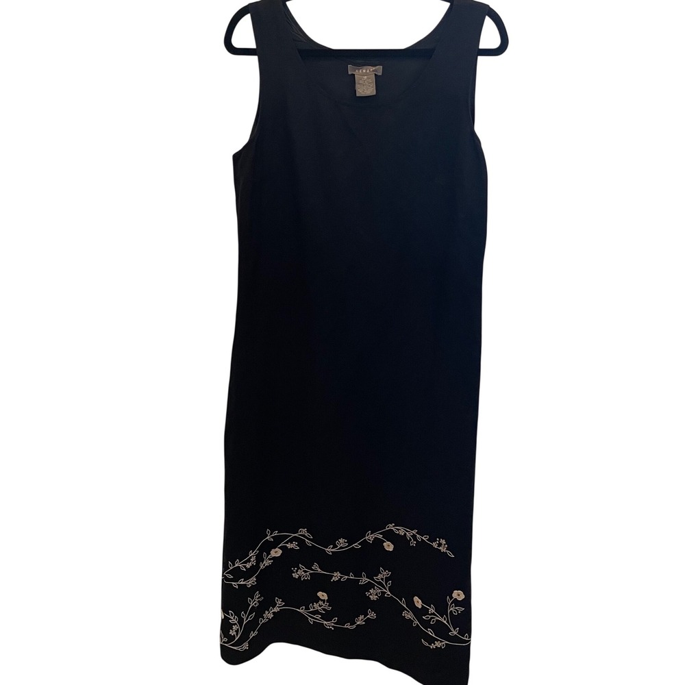 Kenar Black Linen Blend Floral Embroidered Sheath Dress 12 Beach Resort Dress